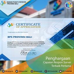 Penghargaan sebagai BPS Provinsi dengan Capaian Respon Survei TERBAIK PERTAMA